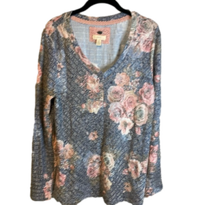 Cupio Blue Pink Floral Soft Knit Vee Neck Sweater Size‎ Large